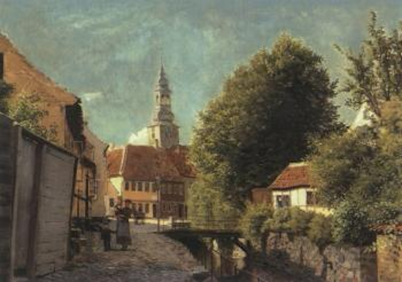 Summer in Aalborg - mother walking with her children near Budolfi church by Peder Mork Monsted