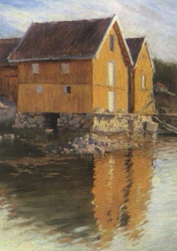 Norwegian landscape with yellow wooden houses by water by Paul Fischer