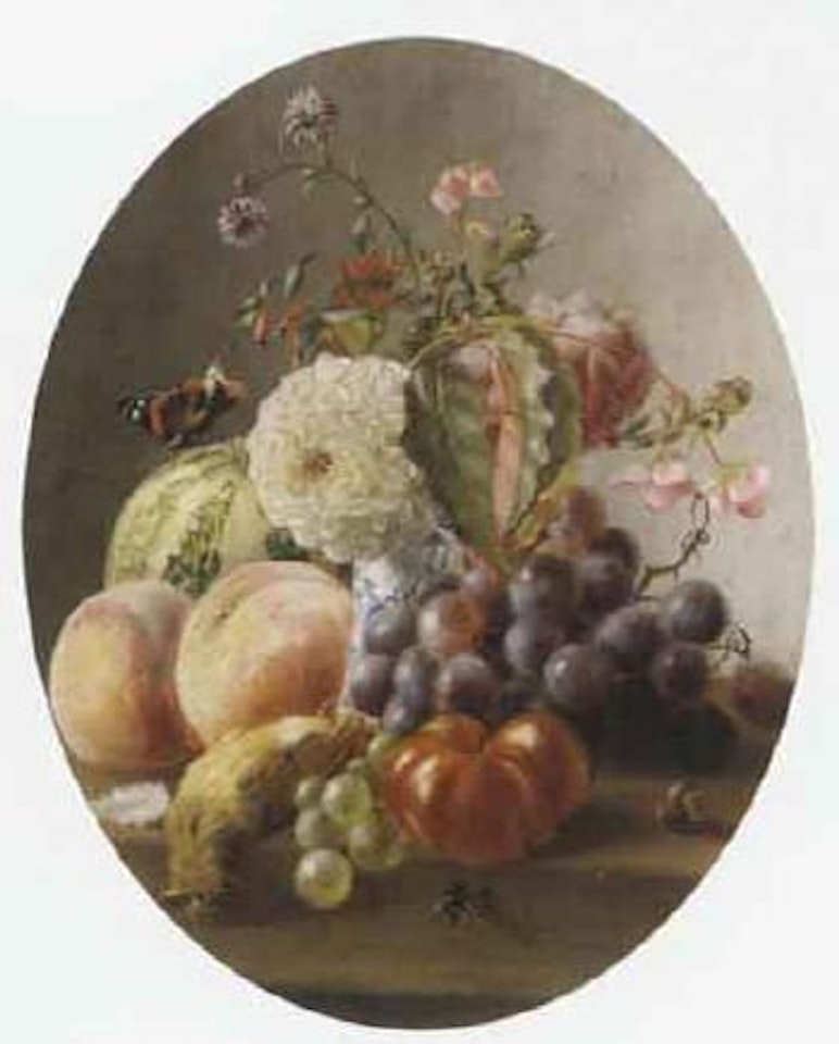 Autumn still life with grapes, peaches and dead songbird by Margaretha Roosenboom