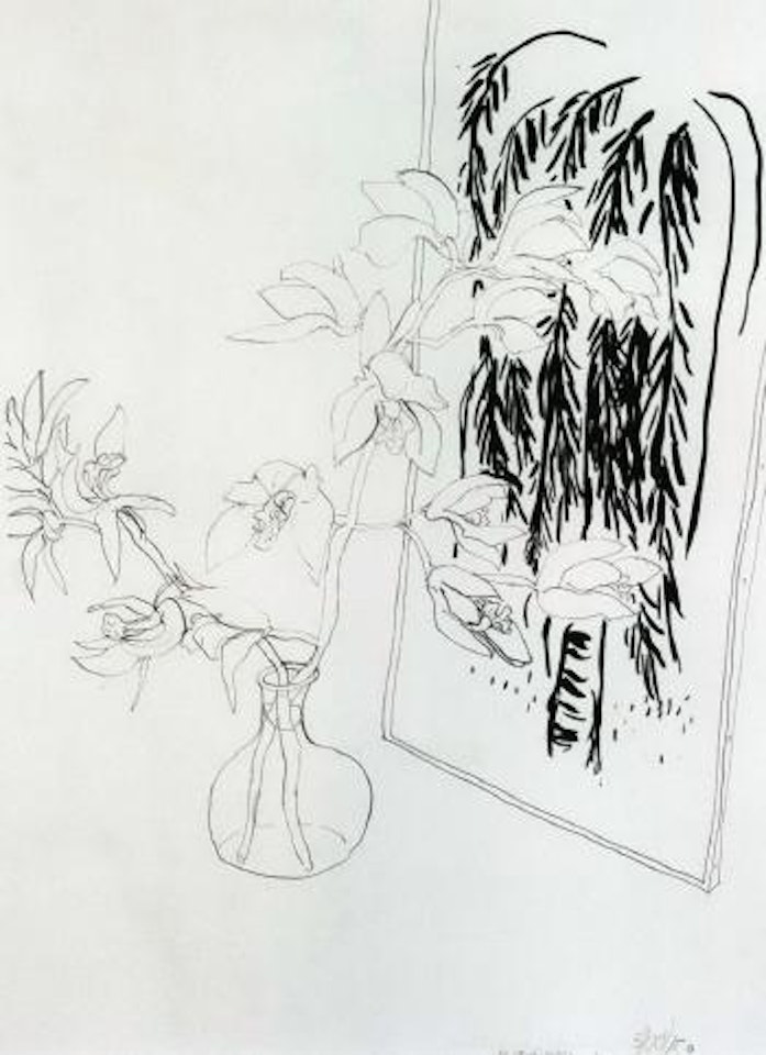 Orchids in front of palm tree print by Brett Whiteley
