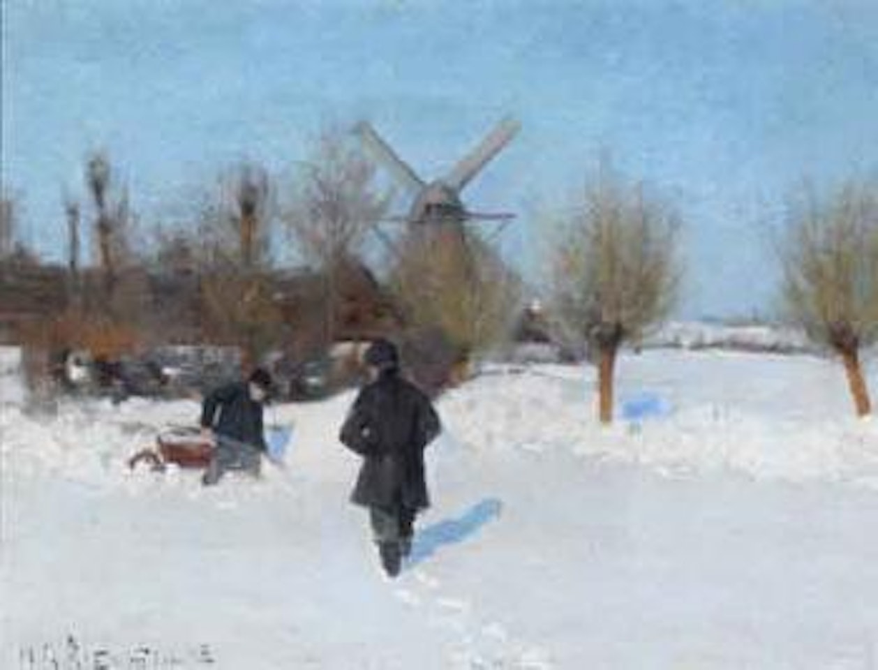 Winter landscape with sunshine and man shovelling snow by Hans Andersen Brendekilde