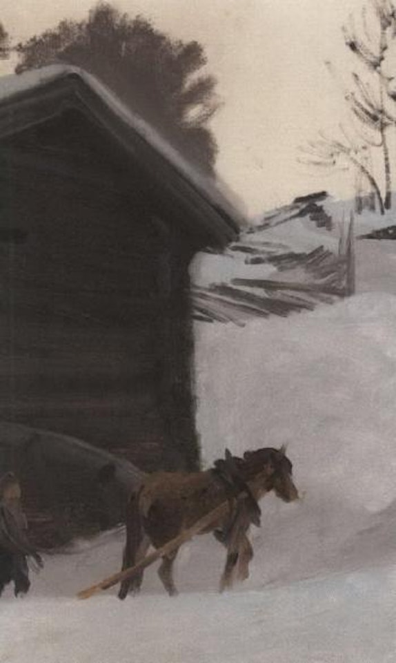 Winter landscape with horse by house by Christian Skredsvig