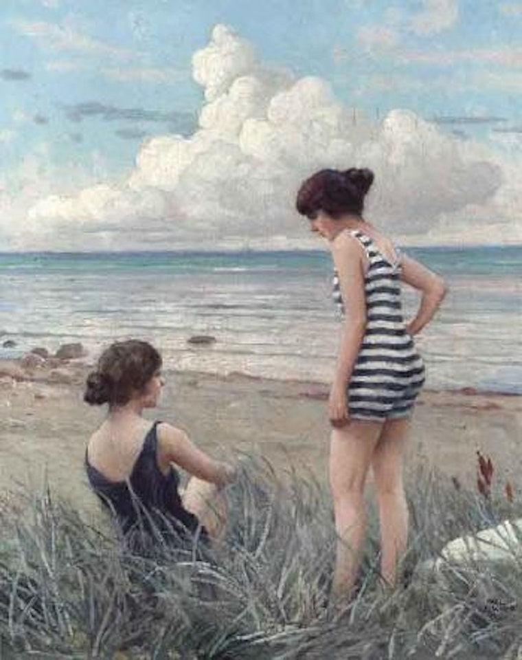 Two friends wearing bathing costumes on beach by Paul Fischer
