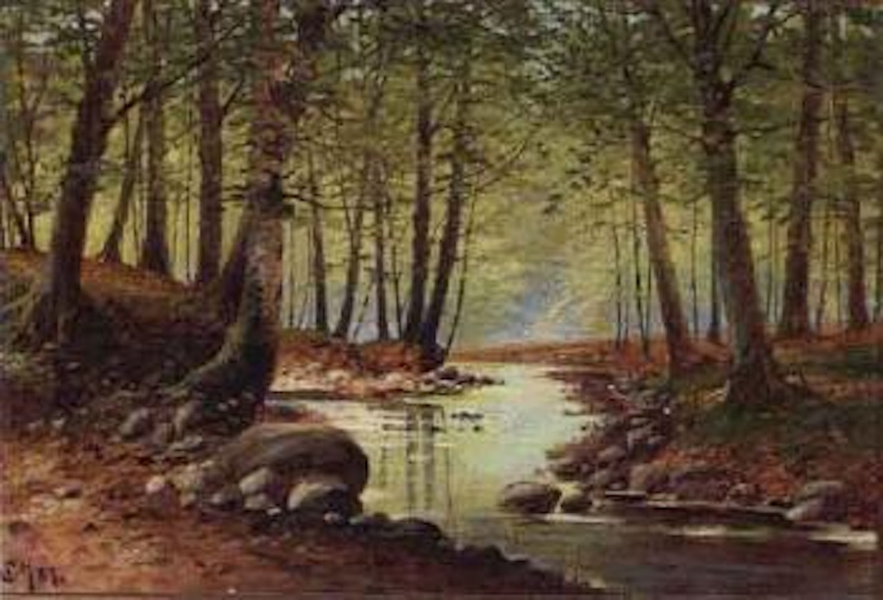 Wooded landscape with river by Peder Mork Monsted