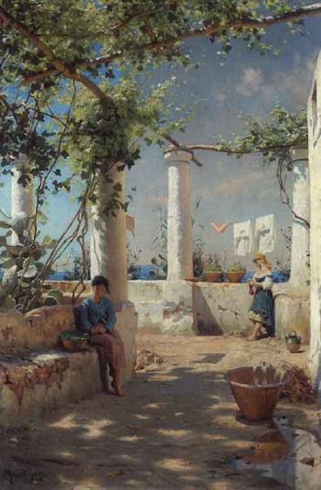 Summer's day by an Italian pergola with two young women by Peder Mork Monsted