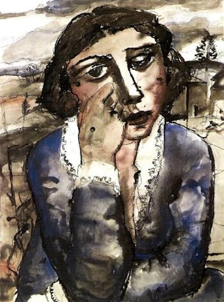 Femme pensive a la robe bleue by Paul Delvaux