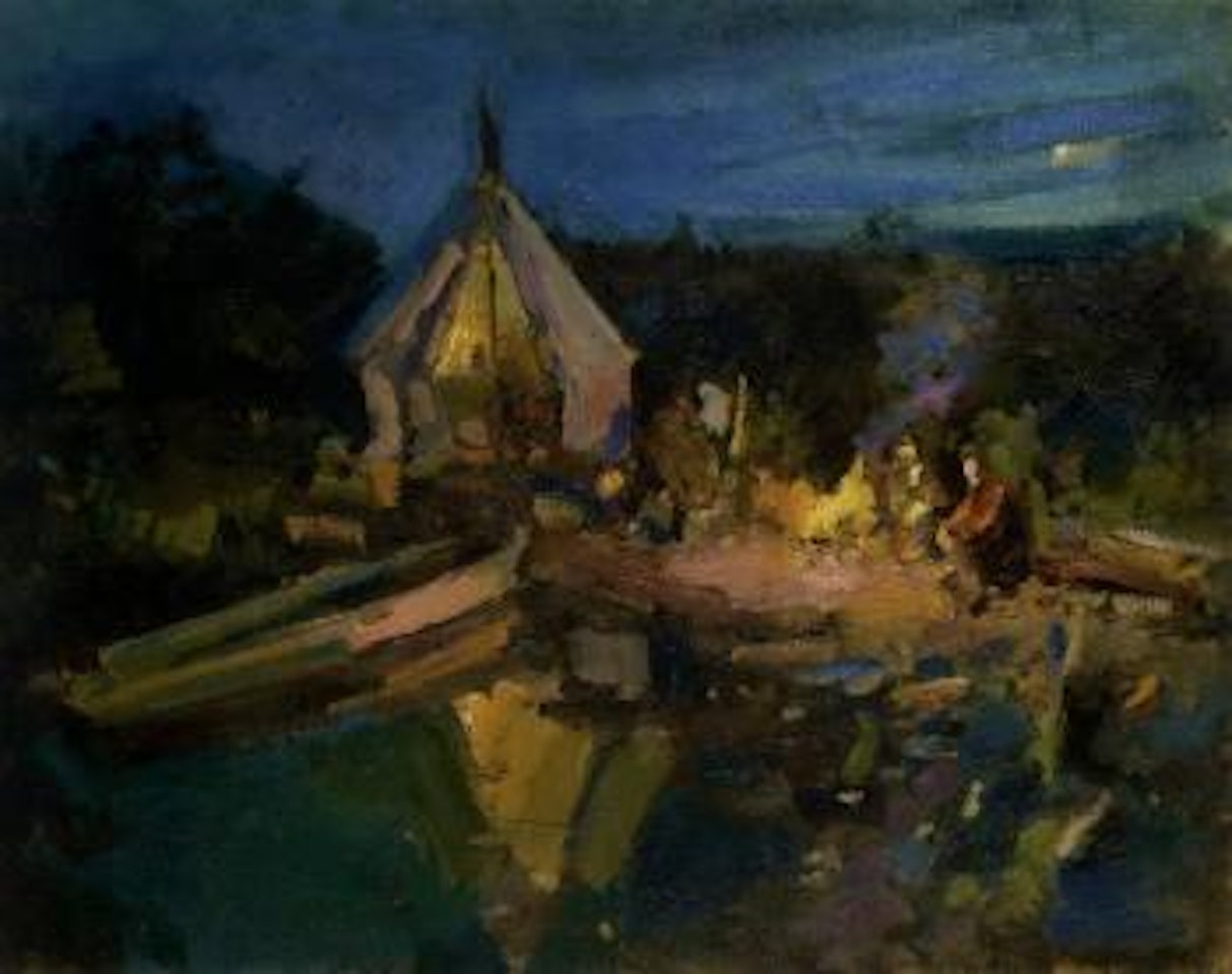 Landscape with tent and figures by camp fire by Konstantin Alekseevich Korovin