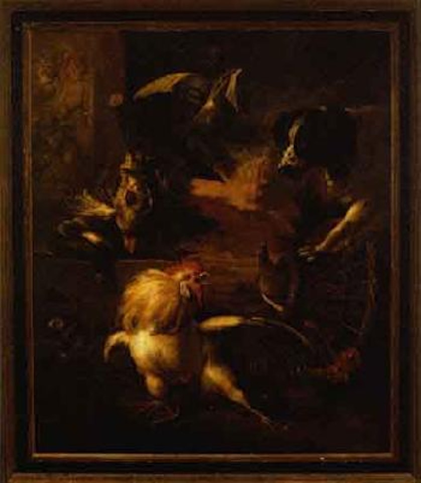 Fighting cockerel, fowl and spaniel in a garden by Melchior de Hondecoeter