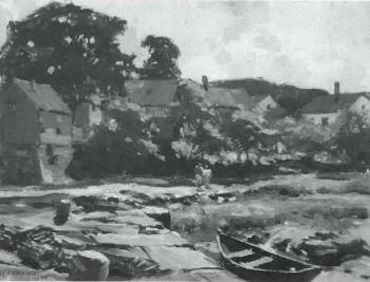 Figures, Skiff and house on the shore by Gordon Grant