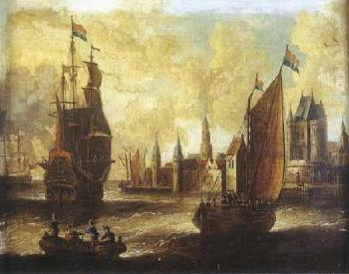 Navires a l'entree de ville hollandaise by Pieter van de Velde