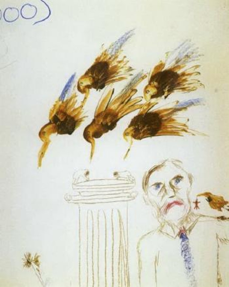Five birds with figure and column by Sidney Nolan