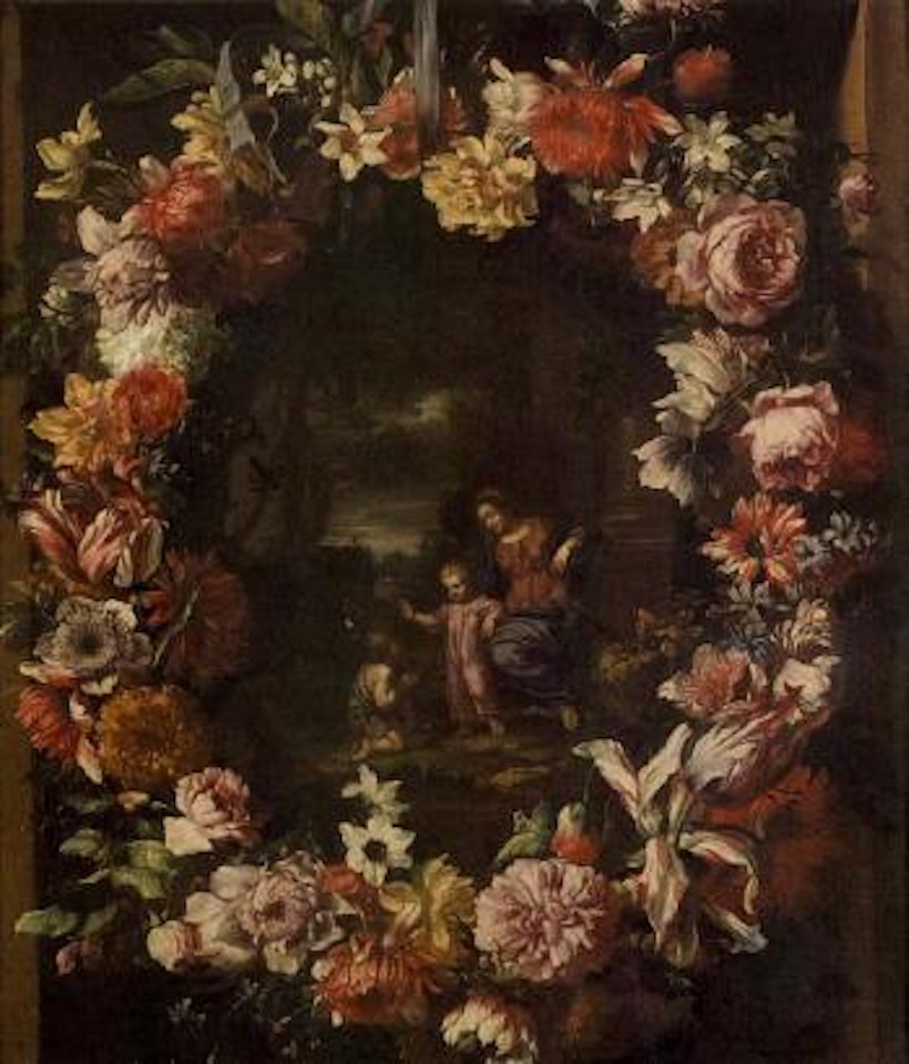 La Vierge, l'Enfant et St Jean Baptiste dans une guirlande de fleurs by Abraham Brueghel