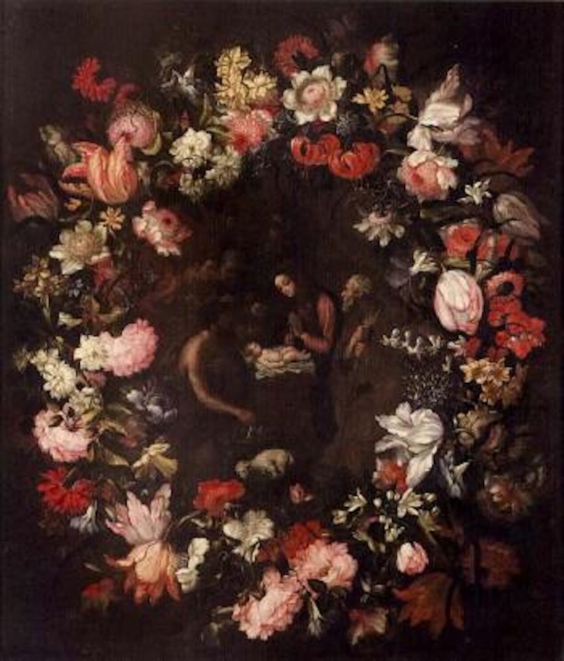 L'adoration des bergers entouree d'une guirlande de fleurs by Abraham Brueghel
