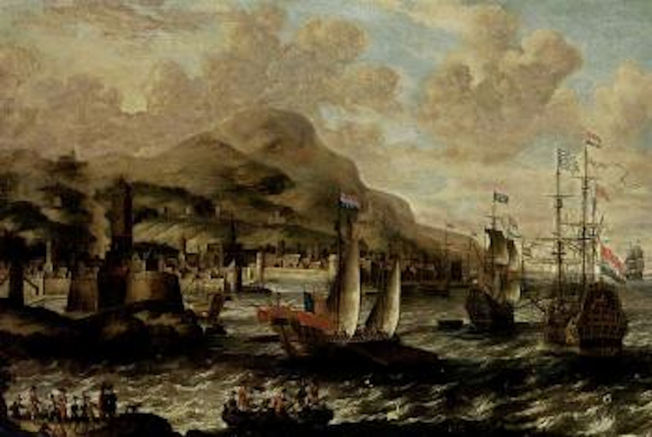 View of a harbour with a galley and men-o-war and figures on a beach by Pieter van de Velde