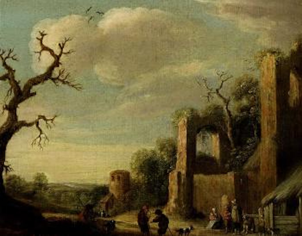 Landscape with figures conversing near ruins by Joost Cornelisz Droochsloot