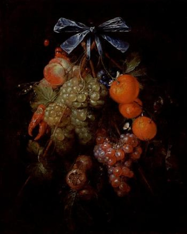 Festoon of fruits, peppers and woodsnails tied with a ribbon by Cornelis de Heem
