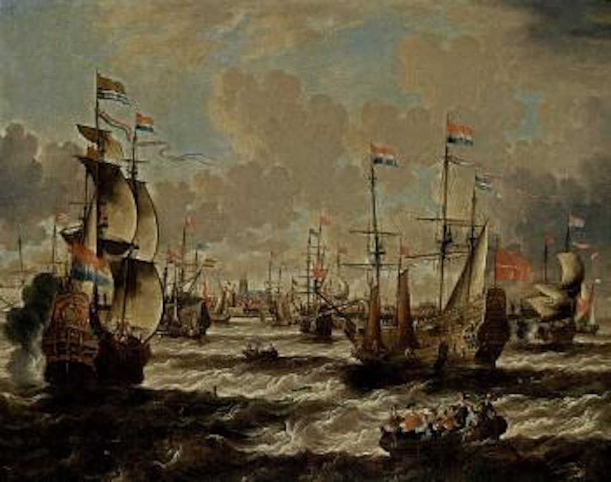 View of the roads of Antwerp with men-o-war in a gale by Pieter van de Velde