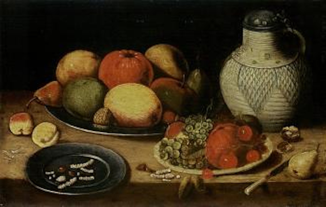 Still life with fruit, and nuts on plates, a knife and jug on a ledge by Jan Van Kessel The Elder