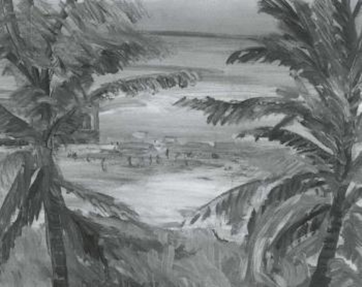View between two palm trees of bathing beach by Othon Friesz