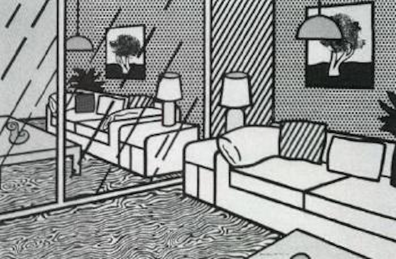 Wallpaper with blue floor interior by Roy Lichtenstein