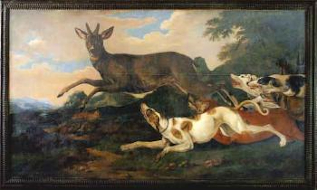 Dog pack chasing deer in extensive river landscape by Paul de Vos