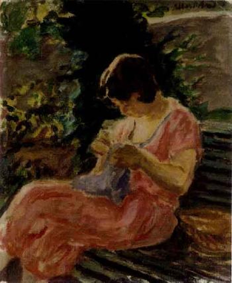 Young woman on garden bench by Albert Andre