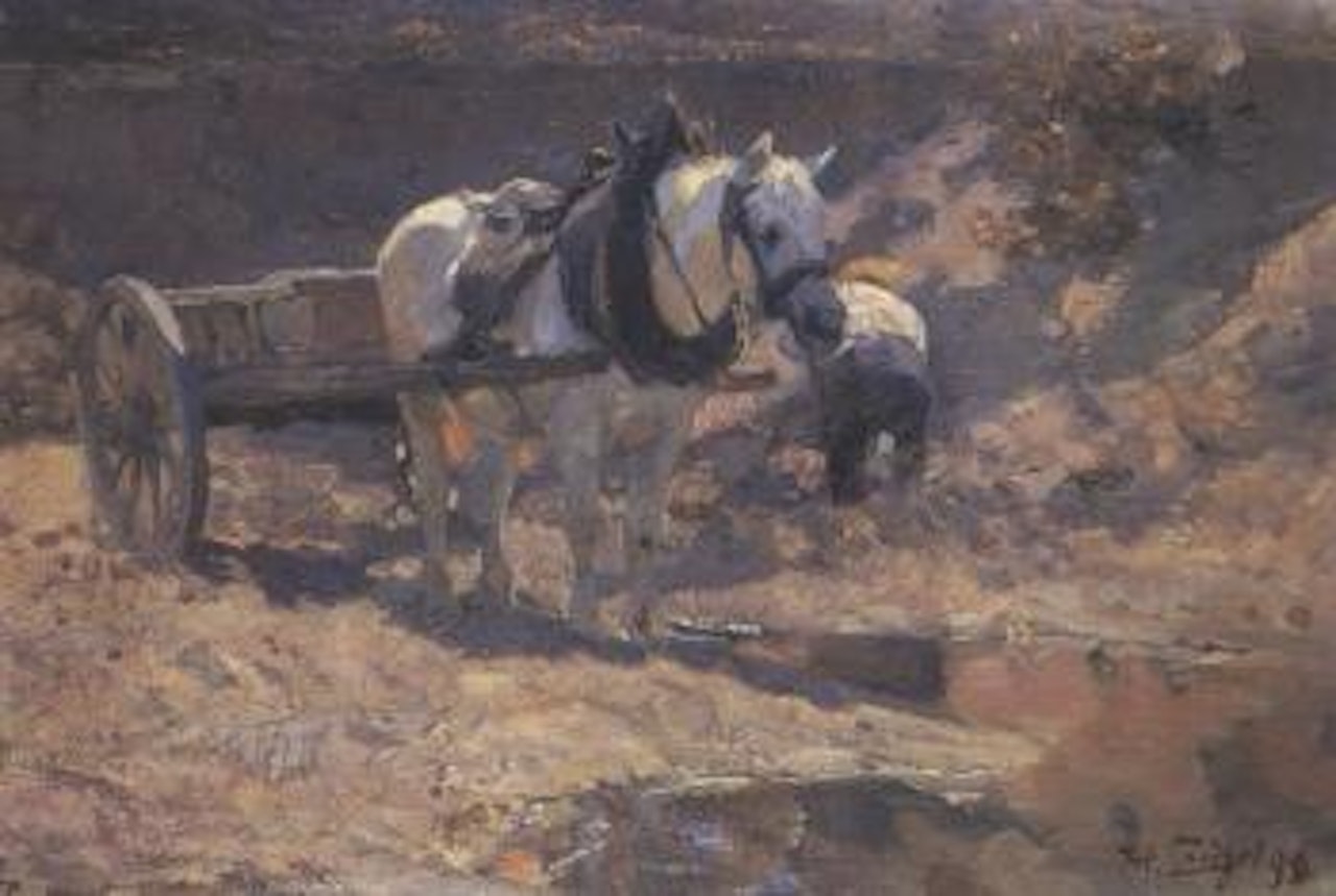Horse and cart with peasant by Heinrich von Zugel
