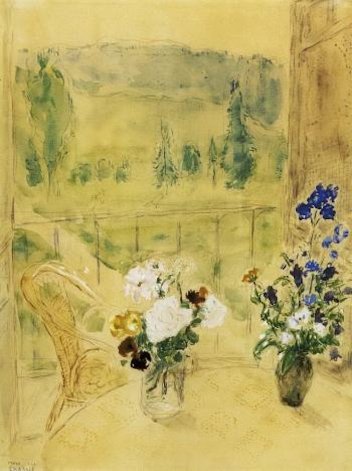 Deux bouquets de fleurs devant le fenetre by Marc Chagall