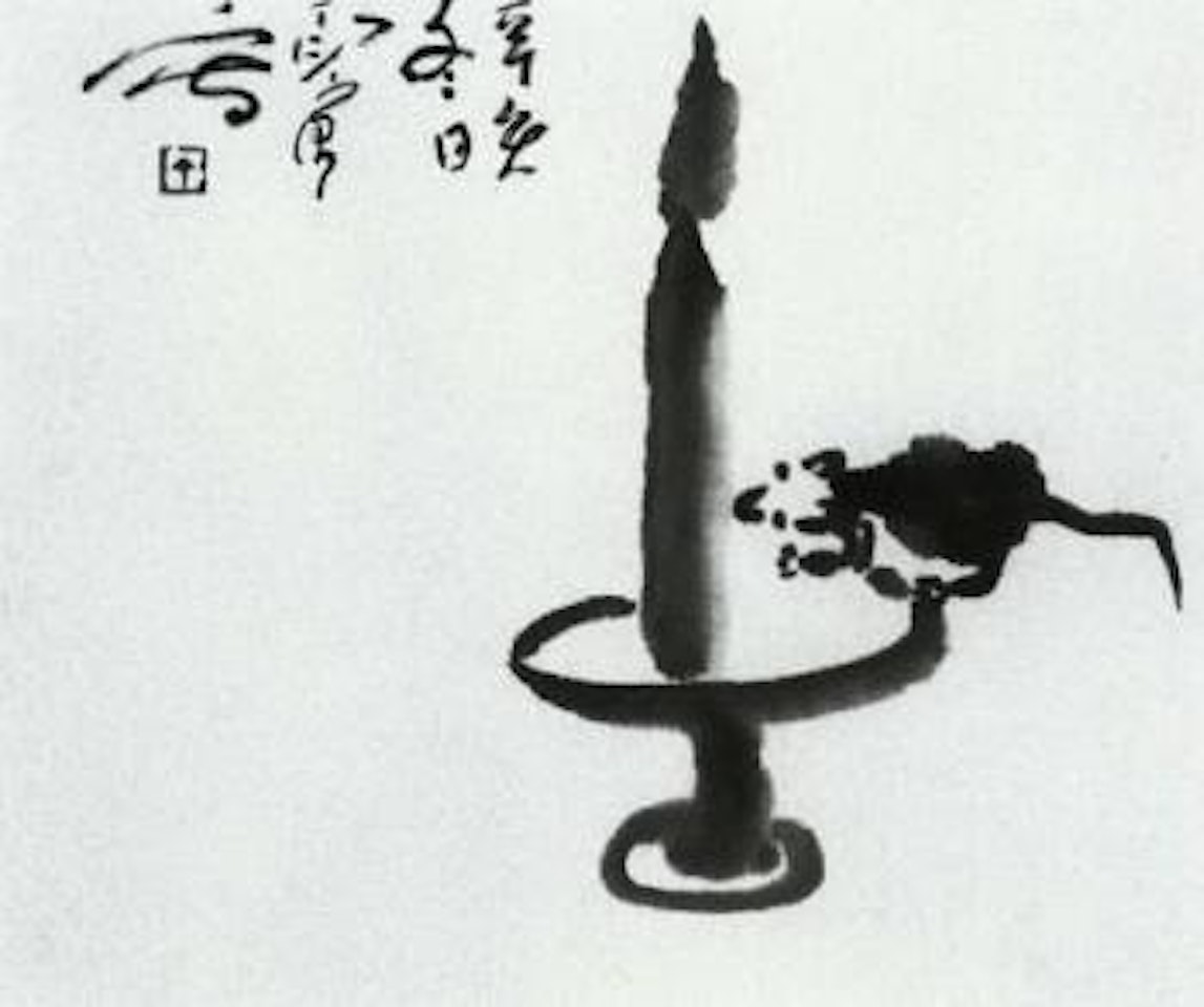 A burning candle with a rat sitting on the candle holder by Ding Yanyong