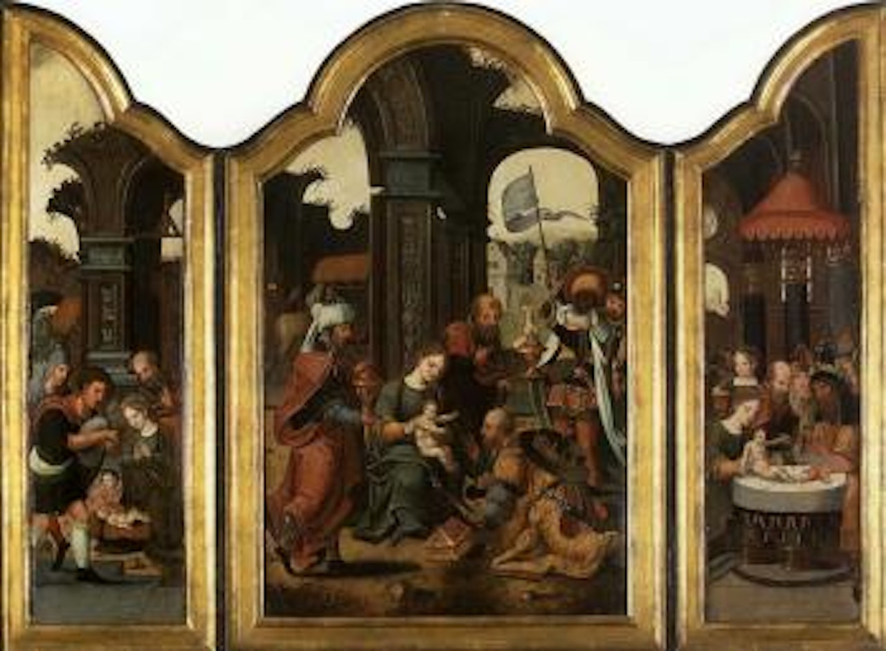 Adoration of the Magi, shepherds, circumcision of Christ by Attributed to Pieter Coecke van Aelst I