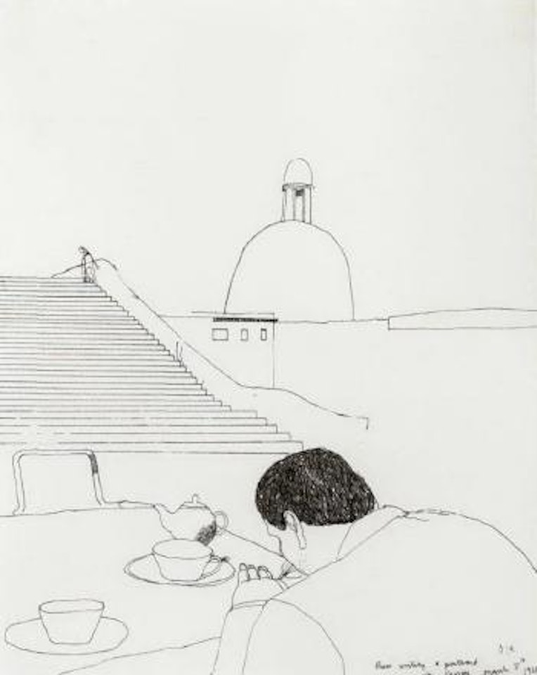 Russ writing postcard in Venice by David Hockney
