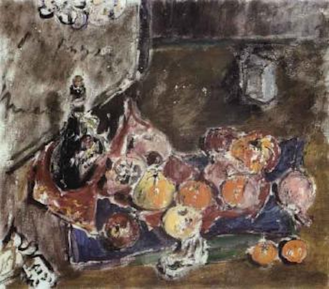Still life of fruit and bottle of spirit by Filippo de Pisis