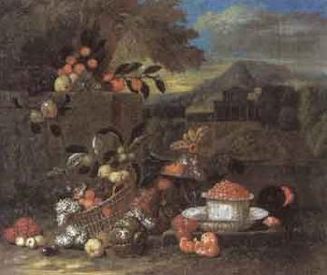 Nature morte de fruits et agrumes sur fond de paysage by Jan Pauwel Gillemans