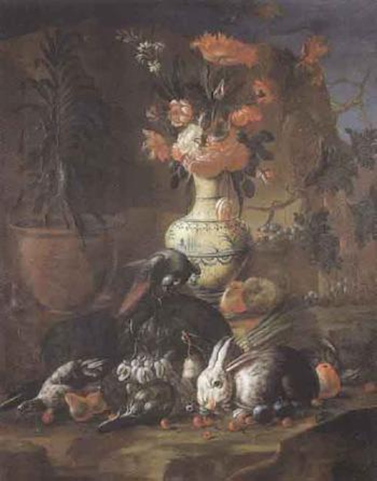Nature morte au bouquet de fleurs, lievre, fruits et oiseaux by Italian School