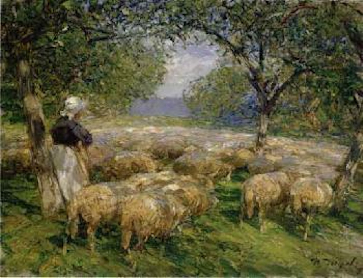 Fruit garden in part sun with shepherdess with white headscarf and flock by Heinrich von Zugel