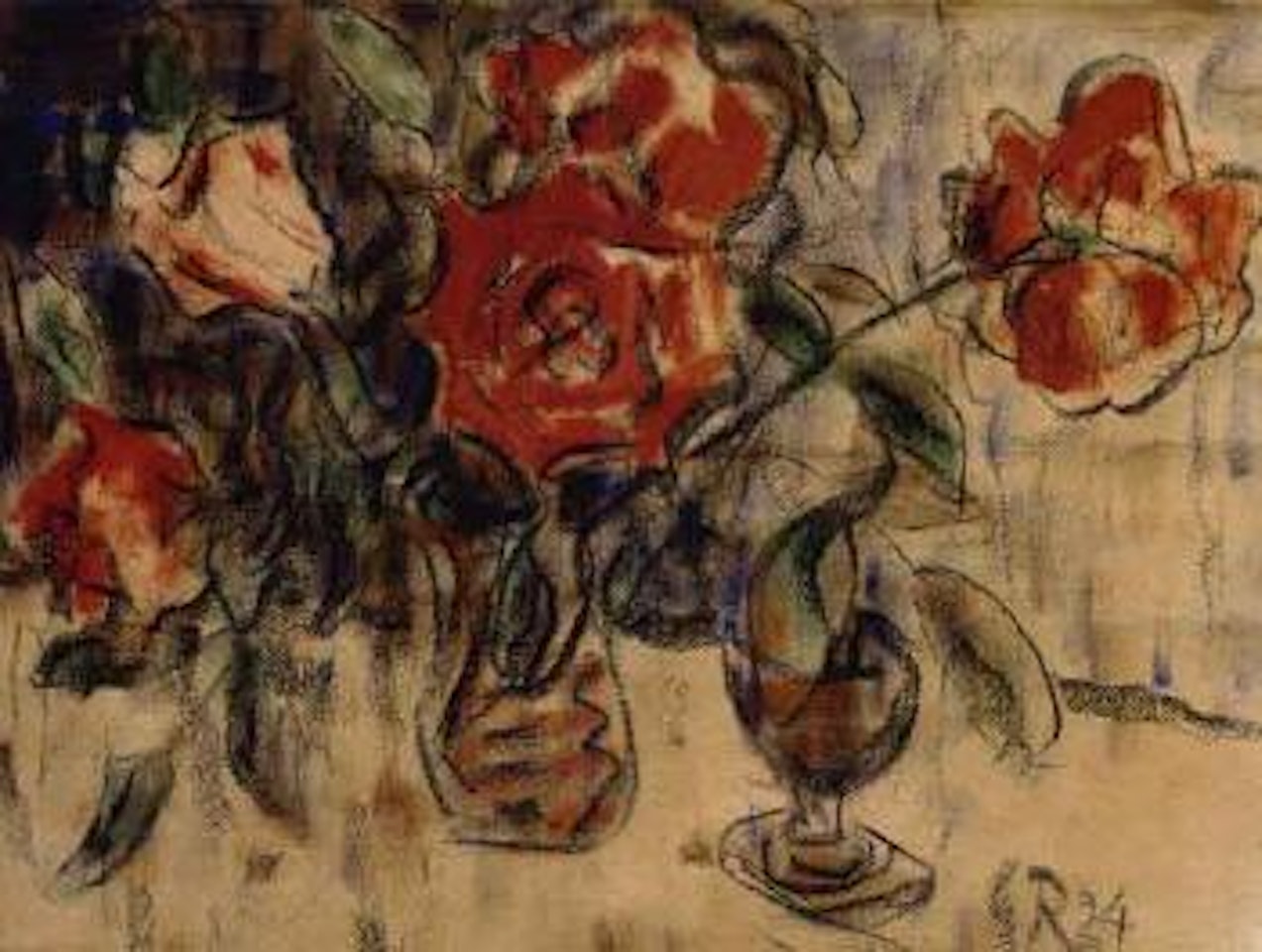 Vase with bunch of roses and trophy by Christian Rohlfs