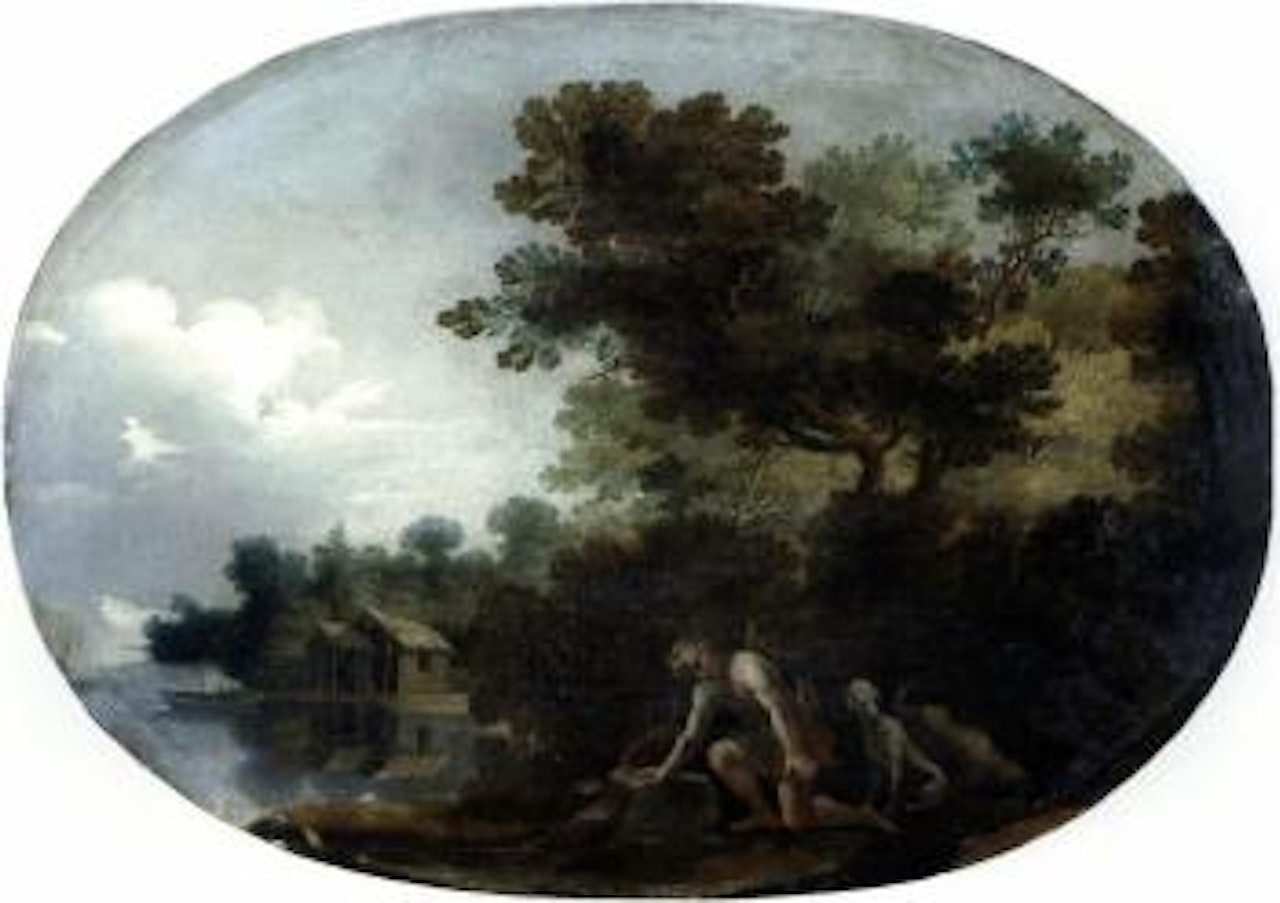 River landscape with hunters and dogs by Italian School
