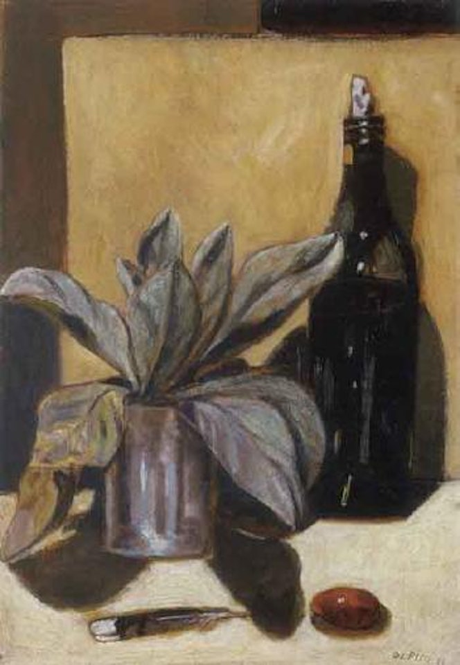Bottle and green leaves by Filippo de Pisis