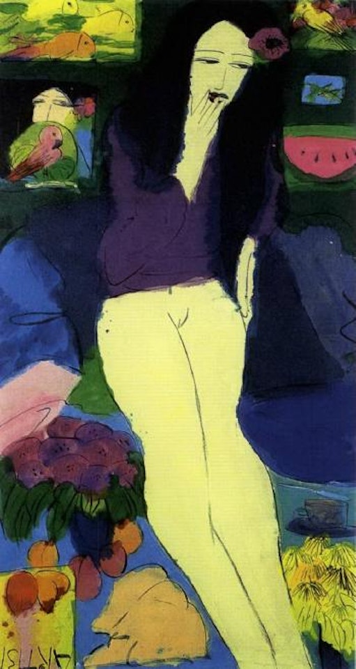 Woman with flowers and parrot by Walasse Ting