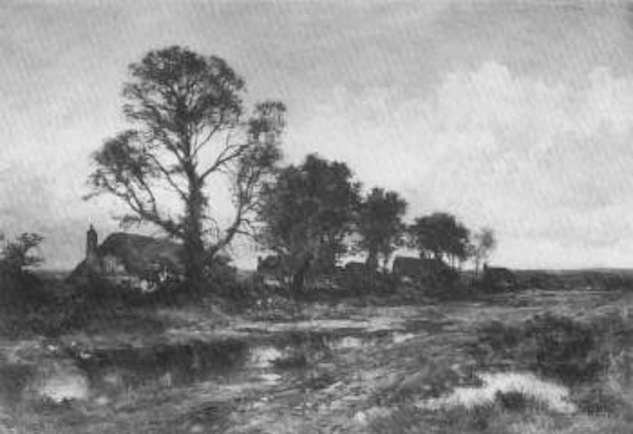 Cottages in a landscape by Benjamin Williams Leader