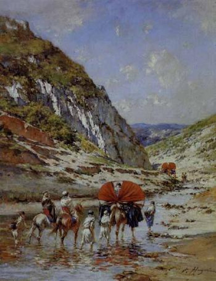 Arab horsemen escorting Palanquins upriver by Victor Pierre Huguet