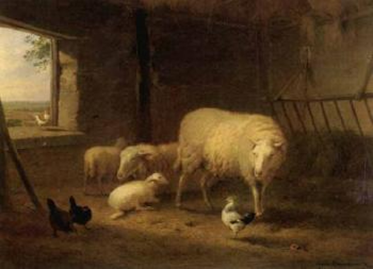 Sheep and hens in barn by Eugène Joseph Verboeckhoven