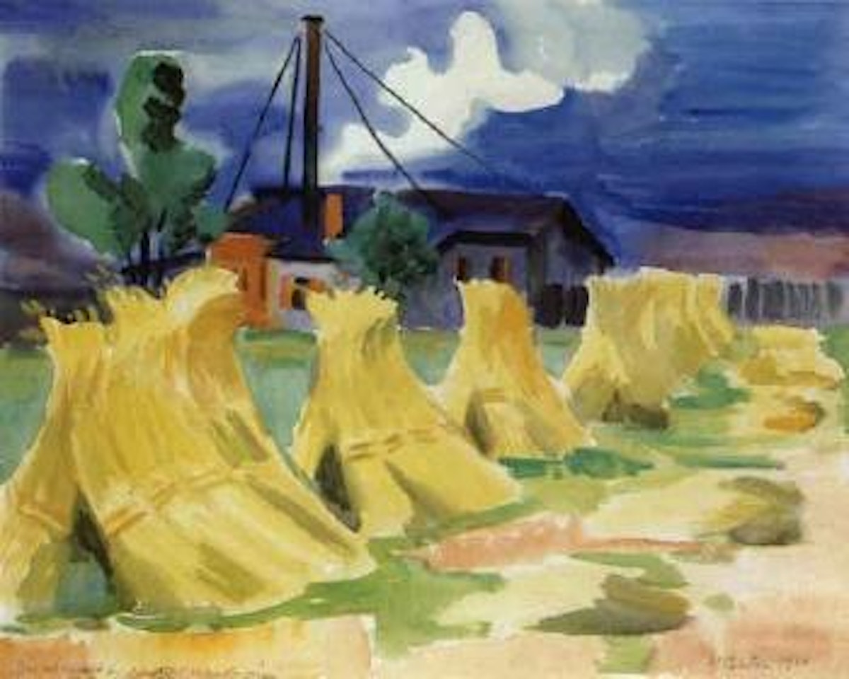 Corn-sheaves in front of wood-cutting mill by Max Pechstein