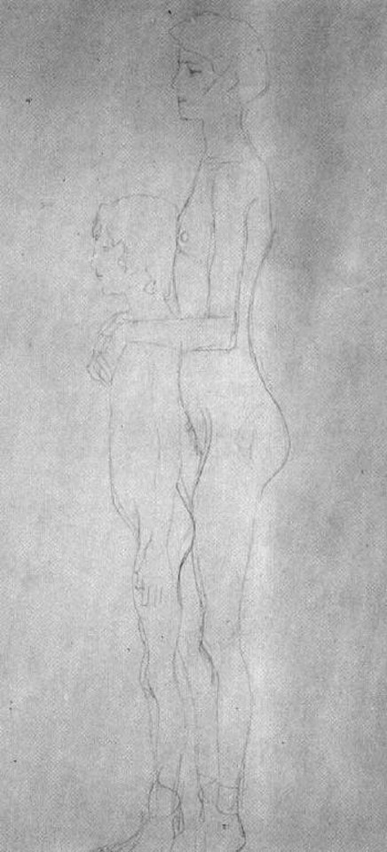 Nude lady and boy, standing by Gustav Klimt