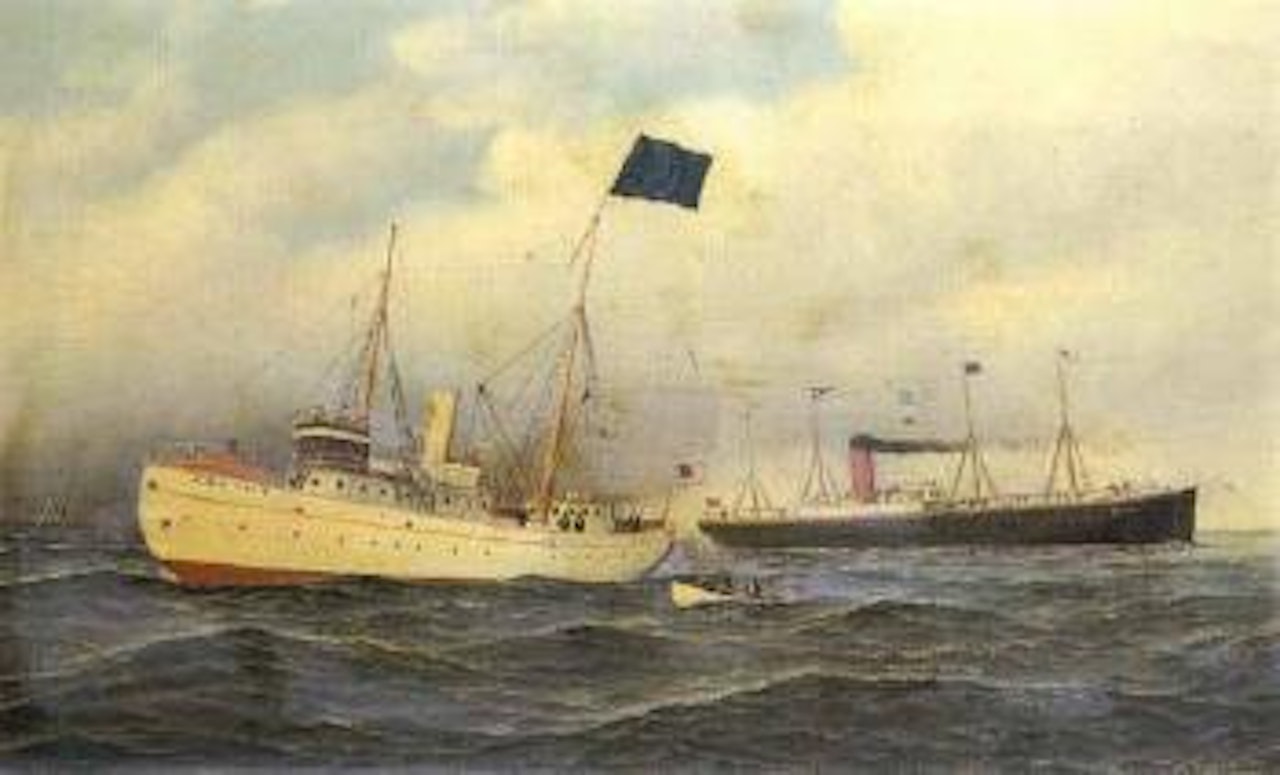 Pilot-boat leading steamer into New York harbour by Antonio Jacobsen