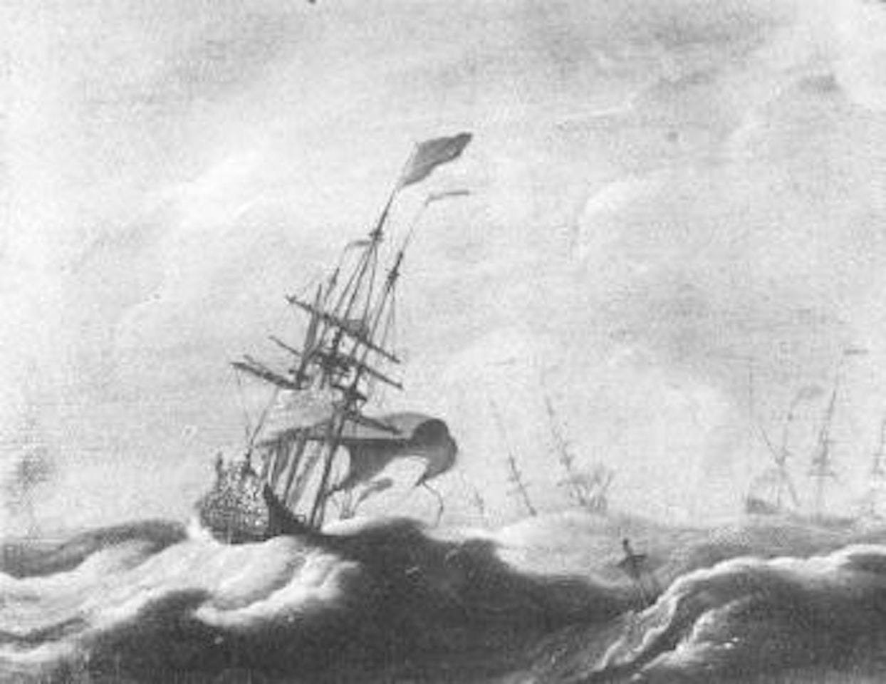 Man o war in stormy seas by Peter Monamy
