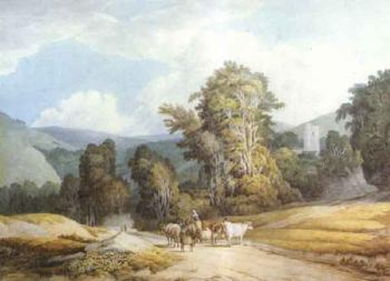 Hilly landscape with travellers by Francis Towne