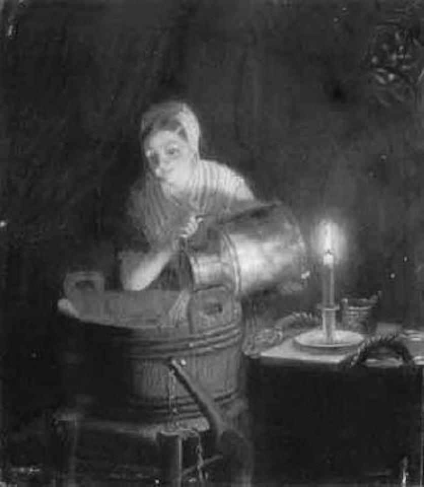 Woman pouring water in candlelit interior by Petrus van Schendel