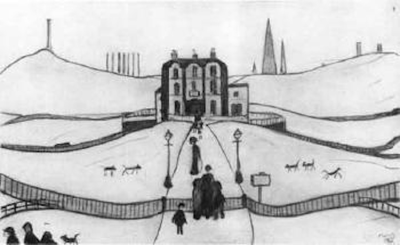 Figures on road by large building by Laurence Stephen Lowry