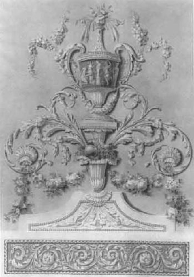 Decorative design with urn showing muses dancing by French School